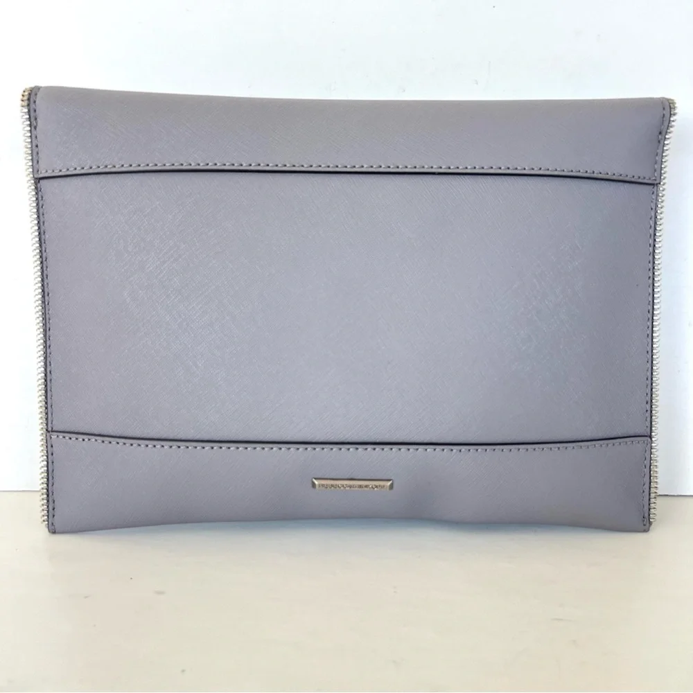 REBECCA MINKOFF Leo Gray Safiano Structure Leather Zipper Accent Envelope Clutch